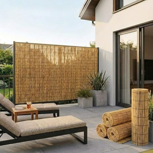 Cañizo de Caña Natural para Ocultación Jardín, Rollo Valla Bambú, Cubre Vallas y Barandilla Balcón, Cerramiento Terraza Exterior, Cercado Jardín, Paneles Ocultación(Marrón,0.91 m H x 6.10 m L)