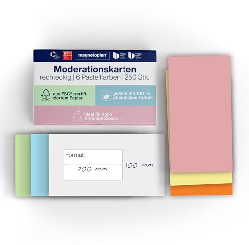 magnetoplan kommunikationskort rektangulära, 20 x 10 cm, blanka indexkort i 6 pastellfärger, 120 g/m², 250 stycken för grupparbete och brainstorming