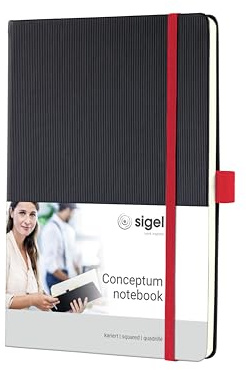Sigel Conceptum Premium Notizbuch A5 kariert Schwarz Rot Hardcover | CO662, 194 nummerierte Seiten, Inhaltsverzeichnis, Falttasche und Stiftschlaufe
