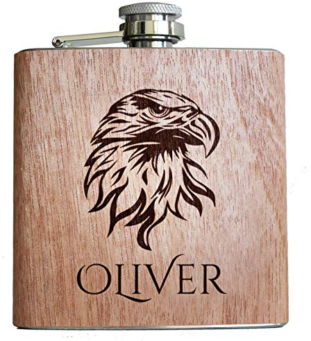 Flachmann aus Holz, mit persönlicher Namens Gravur und Adler Kopf! Geschenk Idee für Männer