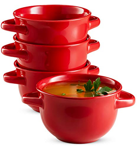 French Onion Soup Crocks, Ceramic Make, with Handles, by KooK, 22oz, Set of 4 (red)