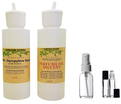 Perfume Making 5-Piece Set; 1, 4oz Perfumer's Alcohol Equivalent Solvent, 1, 4oz DiPropylene Glycol (DPG) Carrier Oil, 1, 1oz Empty Spray Bottle, 2, 7ml Roll-ons (PERFUME MAKING KITS, 5-Piece Set)