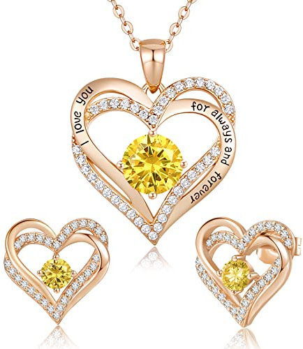 CDE Schmuckset Damen Muttertagsgeschenk 925 Sterling Silber Forever Love Herz Rosegold Geburtsstein Halskette und Ohrringe Set für Frauen Schmuck Geschenk Geburtstag Valentinstag Weihnachten