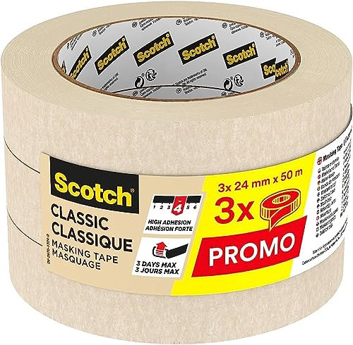 Scotch Kreppband Classic Beige, 24 mm x 50 m (3 Rollen) - Hochwertiges Universal-Abklebeband, Premium Malerkrepp für Malerarbeiten und Dekoration