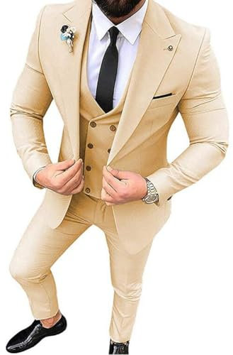 Costume 3 pièces à revers pointu, coupe slim, pour hommes, smoking pour bal de promo, mariage, témoins de mariage, champagne, 52