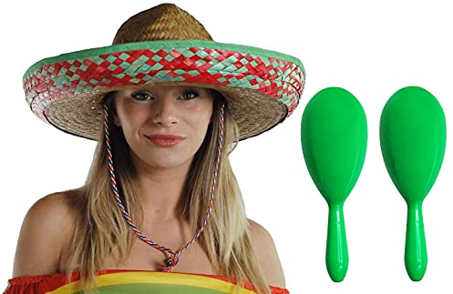 Mexikansk Sombrero halmhatt med maracas – perfekt för mexikanska fester Fiesta fin klänning firande hattar (6 gröna/röda hattar + matchande maracas)
