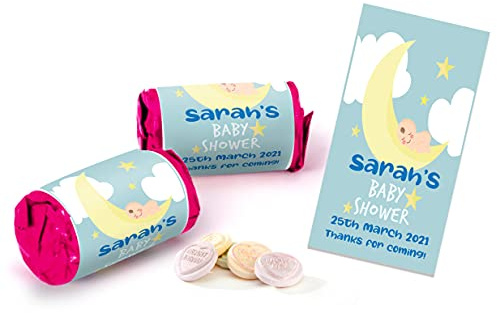 Colourbat x40 Sweet Rolls Personalised Baby Shower Sweets Mini Love Hearts Party Favours for Guests Suitable for Vegetarians Vegans Halal b31 Moon