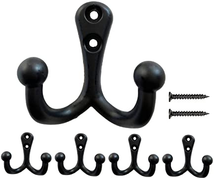 Mokife 5 Stück Wandhaken Schwarz, Doppelt Haken Schwerlast Retro Kleiderhaken Metallhaken für Mantel, Jacke, Hut, Schlüssel, Tasche, Robe, Handtuch