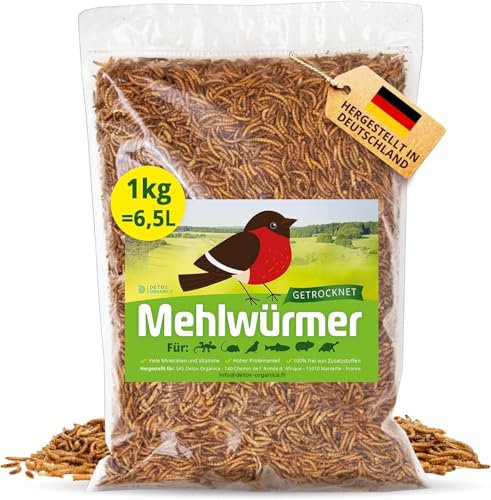 Detox Organica Mehlwürmer Getrocknet, 1Kg (6,5L) getrocknete Mehlwürmer mit sehr hohem Proteingehalt, Würmer für Reptilien, Vögel, Wildvögel, Igel, Fische, Schildkröten & Nager – Premium Qualität