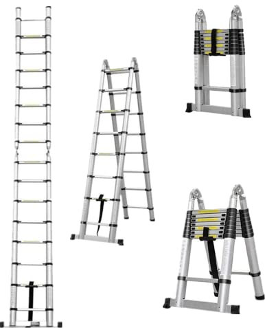 5M(2.5+2.5m) Foldable Aluminium Duo Ladder A Frame Telescopic Ladder Combination Ladder Roof Ladder For Indoor Outdoor Home DIY,Max Load 150kg/330lb