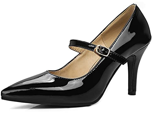 Bviennic Mujer Puntiagudo Correa De Tobillo Mary Jane Tacón De Aguja Pump Noche Vestido Tacón Alto Boda Charol Oficina Pump Negro Talla 35 EU
