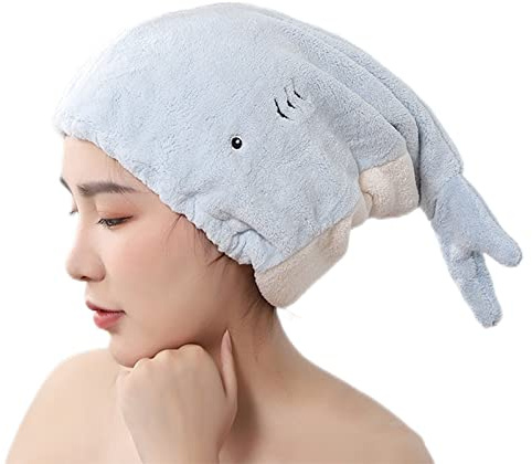 JK Home Frauen Mikrofaser Haartrocknung Wrap Handtuchkappe, lustig, niedlicher Cartoon-Hai, super saugfähig, Korallen-Samt, Haarturban, schnell trocknende Handtücher für nasses, langes, dickes Haar