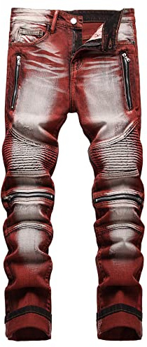 Men's Skinny Designer Colorful Printed Biker Moto Jeans with Zippers Deco,835 Red,Size 38