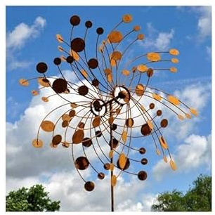 Majestueuse Eolienne Double Hélices Tuteur Mobile de Jardin en Acier Oxydé 25x96x210cm