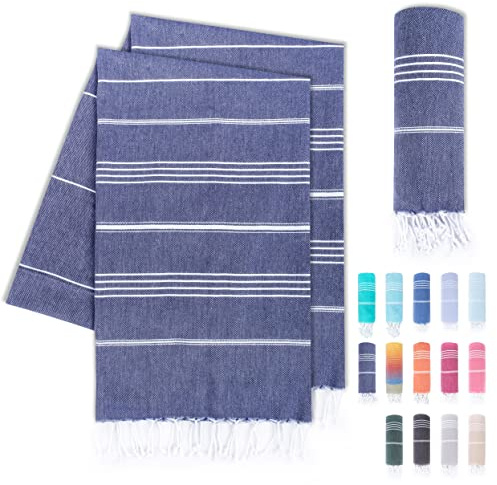 LAYNENBURG Juego de 2 Toalla de Playa Premium con Flecos anudados a Mano - 100% algodón - Toalla de hammam 95x180 cm - Oeko-Tex 100 - fouta Grande - pestemal de Sauna y de Viaje (Azul Marino)