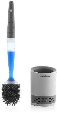 InnovaGoods - Scopino per Bagno con Dispenser di Sapone Bruilet, Antibatterico, Smontabile, Asciugatura Rapida, Setole in Gomma Morbide, Grigio, Mediano, Acciaio al Carbonio