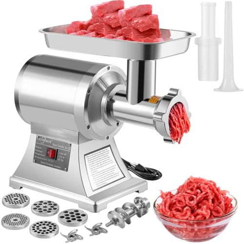 TECSPACE 1.5 HP 1100W Commercial Meat Grinder Heavy Duty, 550 LBS/H Food Grade 304 Stainless Steel Electric Meat Grinder with 5 Grinding Plates, 2 Blades, Meat Pusher, Sausage Tube