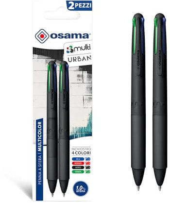 Osama 4 Multi – Set Druckkugelschreiber 4 Farben 2 Stück, 4-Farben-Kugelschreiber, 0,1 mm, mit schwarzer, blauer, roter und grüner Tinte, Ideal für Schreib- und Schulbedarf, Universität, Büro, Schwarz