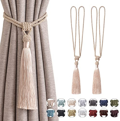 Pretty Jolly Langen Quasten Vorhang-Raffhalter Handmade geflochtene Seil Knoten drapierte Raffhalter Elegante dekorative Vorhanghalter für Zuhause und Büro, Dunkelbeige, 2 Stück