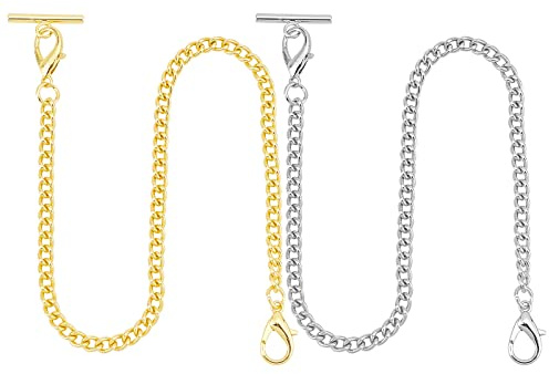 UNICRAFTALE 2Pcs 2 Colors Chaîne de Montre de Poche Vintage Heavy Duty Chaîne de Poche avec Fermoir Mousqueton et T Bar 37cm Homme Clip Chaîne de Poche pour Montres de Poche Clés