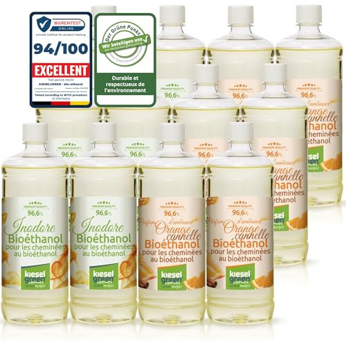 KieselGreen Bioéthanol 12 x 1 Litre Set (6x avec Parfum + 6x Inodore) pour Cheminée à l'éthanol - Bioéthanol comme Parfum - pour Cheminée à l'éthanol Bio intérieur ou feu de Table au Bioéthanol OZ