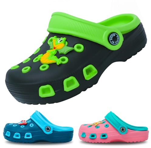 EDOTON Zoccoli e Sabot Bambini, Morbidi e Comodi Sandali da Giardino per Bambini Leggeri Antiscivolo con Motivo a Carino Ciabatte Bambino（Unisex）C Nero Verde, 25 EU