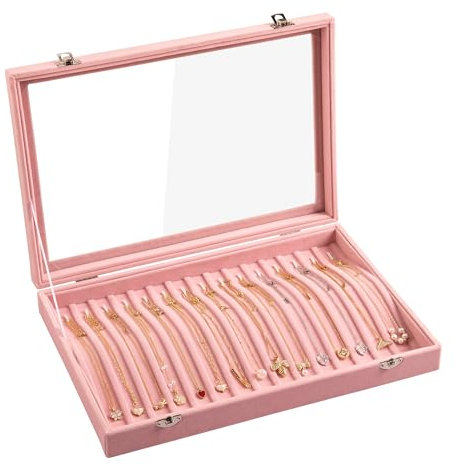 Frebeauty Organizador de collares de terciopelo con 15 ganchos y tapa transparente, cerradura, para joyería de colgantes, cadenas y collares, bandeja para mujeres y niñas (rosa)