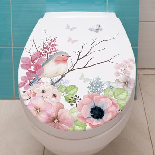 Fairnull Toilettenaufkleber Vogel Blume WC Aufkleber Toilettendeckel Aufkleber Kreative Vögel Blumen Muster Wandaufkleber für Zuhause Badezimmer Vogel + Blume