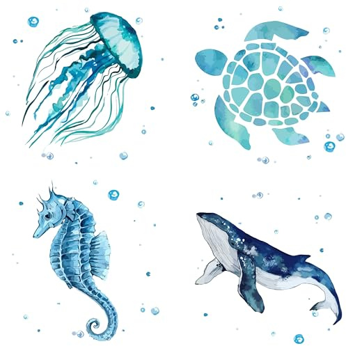 GORGECRAFT 4 Estilos de Animales Marinos Pegatinas de Ventana Estáticas de Vidrio Tortugas Caballitos de Mar Ballenas Medusas Patrón Ventana Se Aferra Película de Vinilo Dormitorio Baño Calcomanías