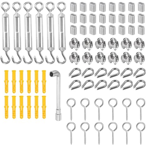 M METERXITY Wire Rope Fixing Accessories Kit- for Wire Rope Fix, 6Pcs Turnbuckle Tension with Eye & Hook (M5), 12Pcs 1/8 Wire Rope Cable Clips (M3), 12Pcs Thimble (M3), 24Pcs Crimping Sleeves