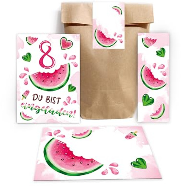 Minkocards 12 Einladungskarten zum 8. Kindergeburtstag Mädchen Wassermelone Einladung achte Mädchengeburtstag incl. 12 Umschläge, 12 Partytüten/natur, 12 Aufkleber, 12 Lesezeichen