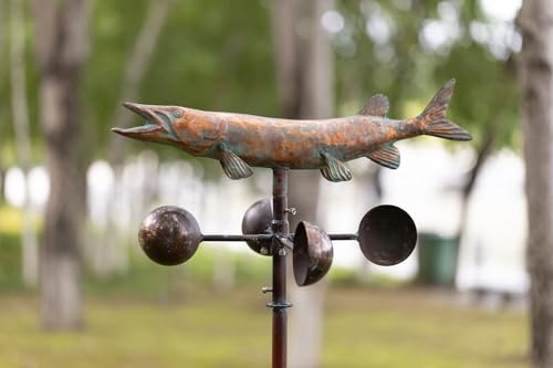 CLYB Stainless Steel Metal Fish Wind Spinner for Outdoor Yard and Garden Decor, 67 x 21 inch Large Kinetic Pike Fish Wind Sculpture Garden Stake, Antique Copper Metal Yard Art, Gifts for Fish Lovers