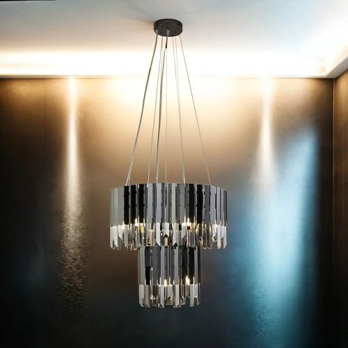 Licht-Erlebnisse Kronleuchter Kristall Ø 48 cm H: max. 1,5 cm Rauchglas Grau 9x G9 Art Déco Pendelleuchte Esszimmer Hängelampe Wohnzimmer