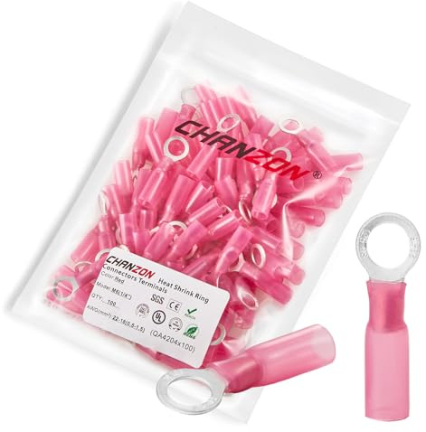 Chanzon 100pcs 1/4 Heat Shrink Ring Terminal M6 1/4in UL Listed 22-16AWG Gauge Eyelet Wire Connectors Waterproof Marine Grade Adhesive Lined Red Electrical Crimp Connector for Boat Truck Stereo Car