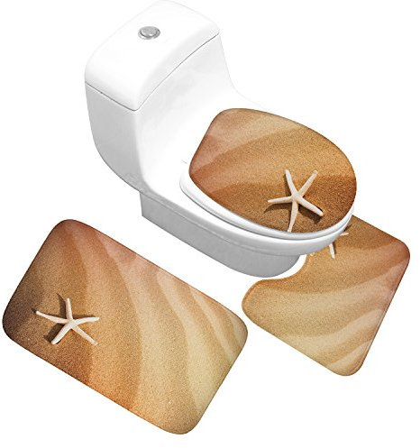 Bad Teppiche Set 3-Teiliges Seestern Gelb WC Vorleger Mit Ausschnitt Badematte Saugfähig WC Deckelbezug Badvorleger rutschfest Waschbar Toilettensitzbezug Badgarnitur (50x80cm)