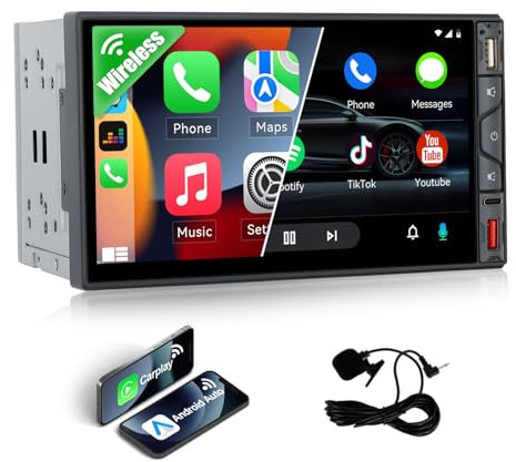 CAMECHO Double Din Car Stereo with Wirelesss Apple Carplay and Android Auto 7 2 Din Touch Screen Car Radio with Bluetooth 5.0/AM FM Radio/Mirror Link/USB/Type C + MIC for Right Hand Drive Head Unit