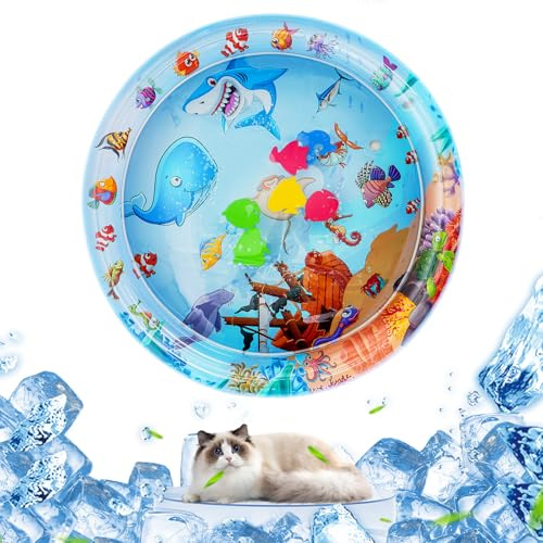 OSDUE Wasser Sensor Spielmatte für Katzen,Auslaufsichere Wasserspielmatte Katzen Interaktives Katzenspielzeug Haustier-Wasserbett für drinnen draußen Schlafkomfort Sofas Fliese Weihnachten(Hai)