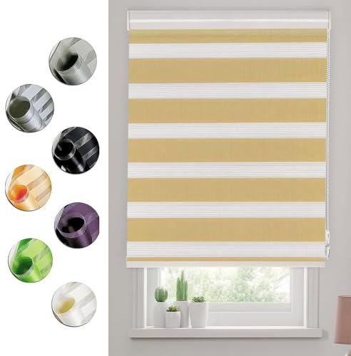 Doppelrollo Klemmfix Verdunkelung 35 x 180 cm Hitzeschutz Energiesparend Fenster Verdunklungsstoff Inkl. Montagematerial für Wohnzimmer Küche Büro, Sandgelb