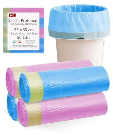 HW CASA 60 PZ Riciclabile al 100% Sacchetti Spazzatura 50 Litri,Sacchetti Spazzatura 55x65 Colorati,Sacchetti Pattumiera con Maniglia a Scorrimento,Antigoccia Buste Spazzatura con Profumazioni Varie