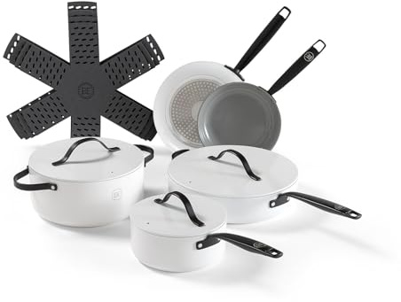 Be Living Essential Batteria da cucina 12 pezzi – Include padella, casseruola con manico lungo e pentola – Rivestimento antiaderente in ceramica – Senza PTFE né PFOA – Bianco