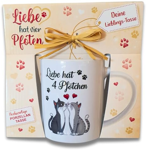 Katzen Tasse – Liebe hat vier Pfoten - 300ml Tasse mit süßen Katzenmotiven, Geschenkverpackung mit Bastschleife, perfekt für Katzenliebhaber, Kaffeetasse (Liebe hat vier Pfoten)