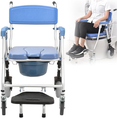 SSLW Klappbarer DuschstühleMit Feststellbaren Rollen Der Vorderseite, Rollender Toilettenstuhl Am Nachttisch Für Behinderte, Senioren Verletzte, Mobiler Toilettenrollstuhl Toilettenstühle Aluminium