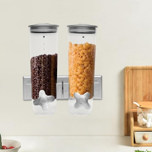 Shiyinge 2-BehäLter MüSlispender Cornflakesspender GroßE KapazitäT Doppelt Wand Getreidespender Wandmontage Cornflakes Kornflakes SüßIgkeiten Spender Cerealienspender BehäLter Für Lagerung (Silber)