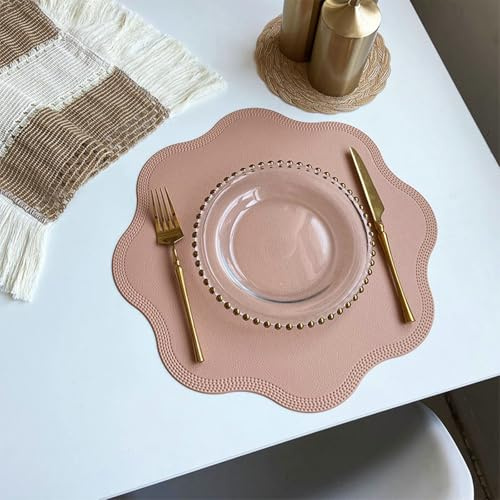 Lirzxin Tischsets Platzsets 4er Set, Platzdeckchen Set Abwaschbar Hitzebeständig rutschfest Uni Rund Blume PVC Tischset für Küche, Rosa, 38CM