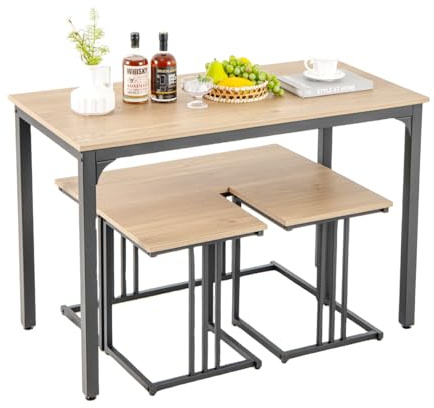 SOARS Esstisch mit 2 Hockern & Bank, 4er Set Küchentisch 120 x 60 x 75 cm, industrielle Essgruppe mit rostfreier Metallstruktur, Tisch mit 3 stühlen Set für Wohnzimmer, Esszimmer (Natur)
