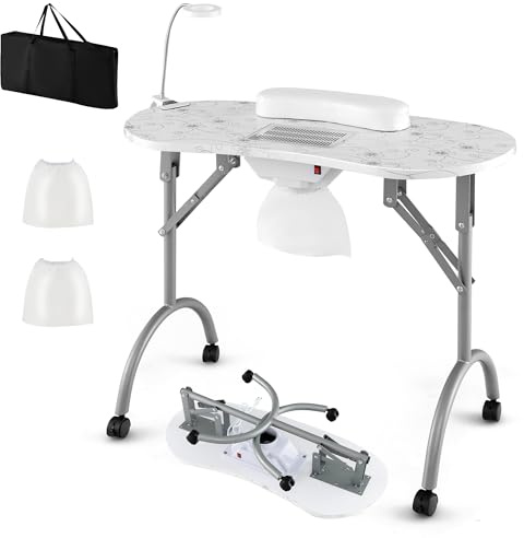 RELAX4LIFE Table Manucure Pliante avec Aspirateur | Table Manucure Pliable sur roulettes | Portable avec Sac | Lampe LED USB | Coussin de Poignet Amovible | Sac à Poussière | Motif Fleur (Blanc)