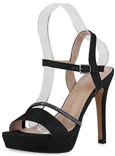 VAN HILL Damen Sandaletten High Heels Schuhe Stiletto Party Absatzschuhe Strass Abendschuhe Elegante Glitzer Freizeitschuhe 211789 Schwarz 35