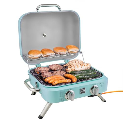Kenmore Barbecue Gaz Portable - Petit Barbecue Extérieur - Gril BBQ de Table avec Grille de Réchauffage et 2 Brûleurs en Acier Inoxydable de (4,1 kW) - Ideal pour Camping et Voyages - Turquoise
