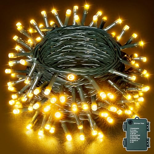 Ollny Lichterkette Außen Batterie Outdoor 10M 100 LED Warmweiß, 8 Modi Timer IP44 Wasserdichte Lichterkette Batterie für Innen Außen, Garten, Hochzeit, Party, Weihnachtsbaum (Grünes Kabel)