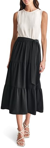 DKNY Abito midi da donna senza maniche con scollo a gioiello e cintura rimovibile, Guscio d'uovo/Nero, 52